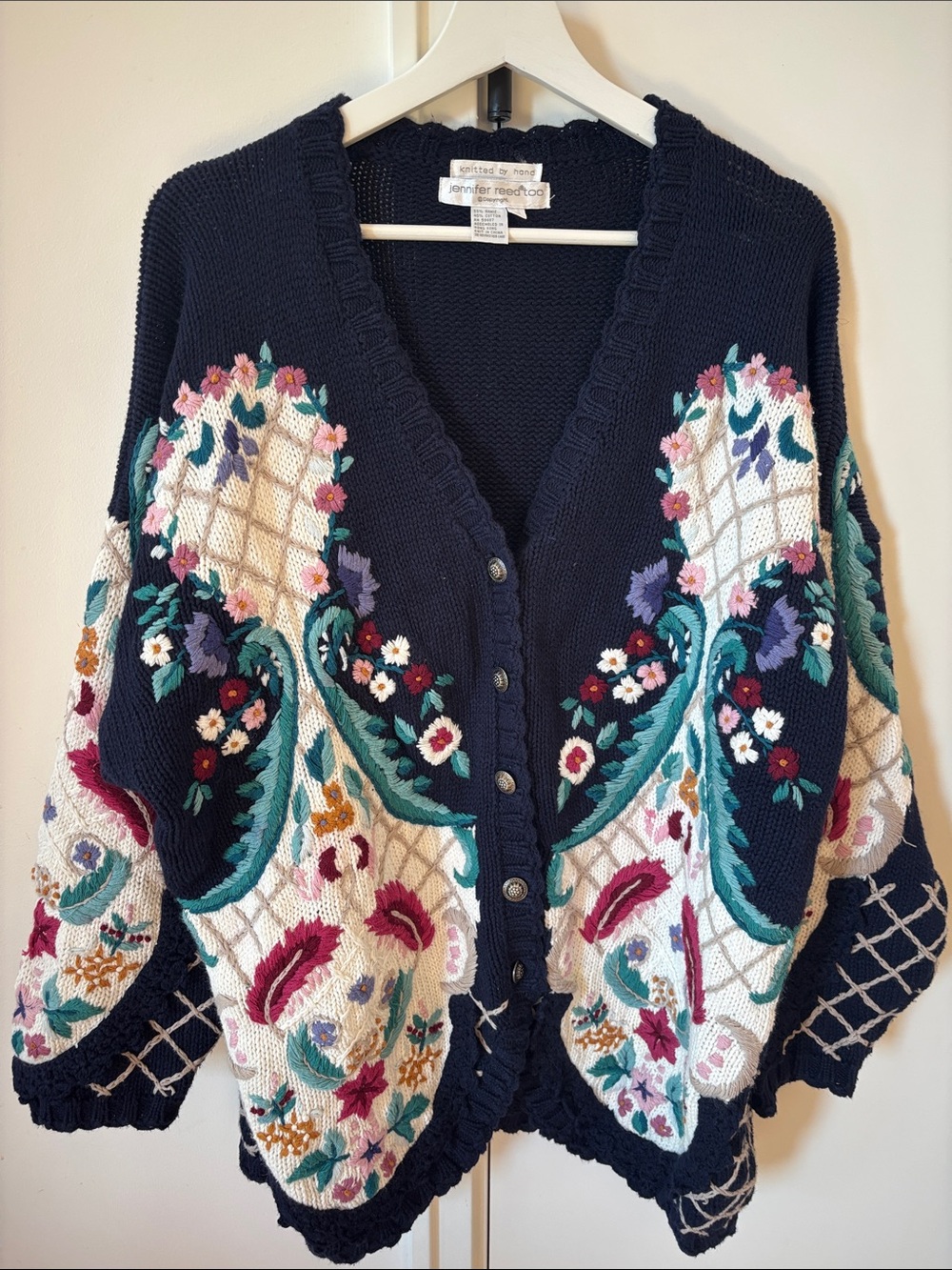 Oversized Navy Floral Embroidered V-Neck Cardigan hand knit by Jennifer Reed